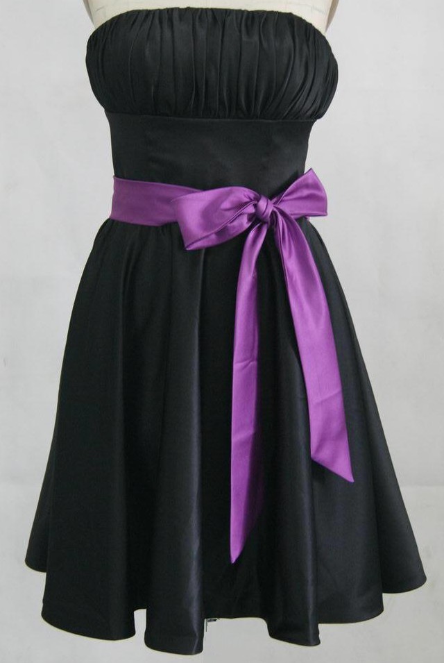 Models of short dresses for bridesmaids 2036 short black bridesmaid dress with purple sash1 Models of short dresses for bridesmaids