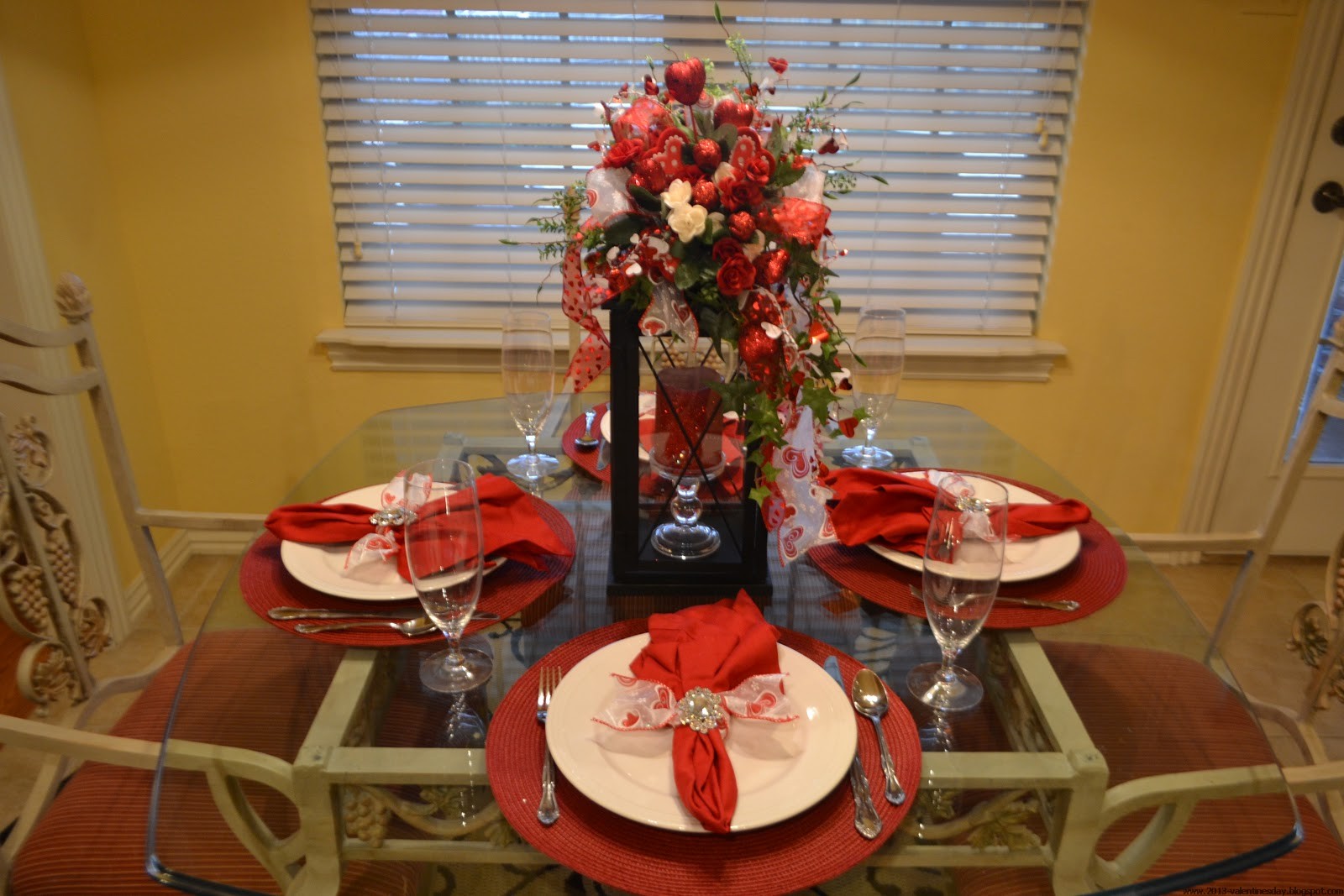 Lovely Valentines Table Decoration Ideas with Romantic Table Setting Ideas also Beautiful Flower Arrangement Centerpiece and Lovely Folding Napkin for Valentine Table Decoration Design Ideas Decor of tables for Valentines