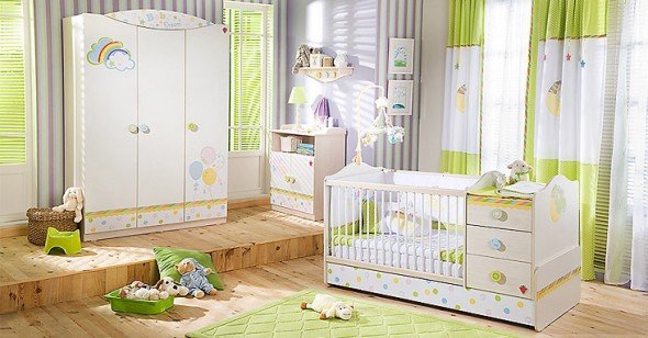Nice and Adorable Dreamy Baby Nursery Room Design with Stripped Wall Covering 590x308 newborn baby room decoration ideas