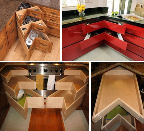 corner angled drawer solutions Tips for designing a small kitchen space