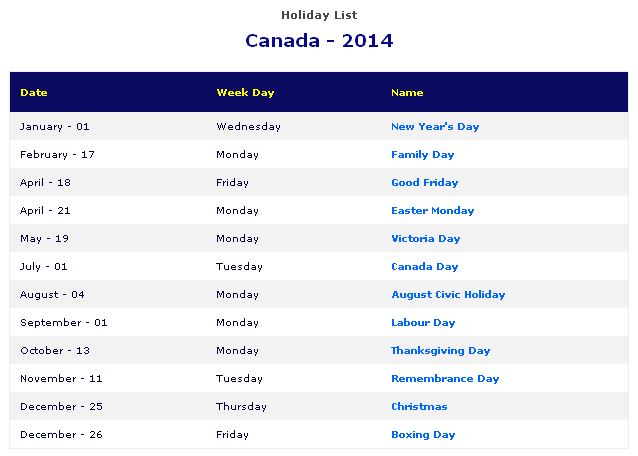 Canada 2014 Printable Holiday List Calendar 2014 with holidays printable 