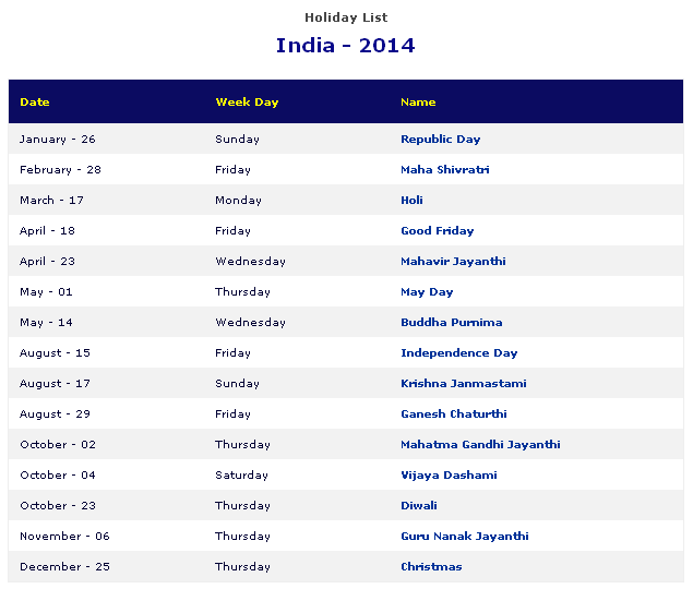 India 2014 Printable Holiday List Calendar 2014 with holidays printable 