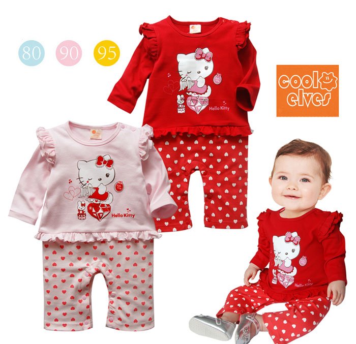 2012 Winter baby wear Long sleeve Kitty baby romper pink red baby clothing for girls 6pcs winter clothes for baby 2014